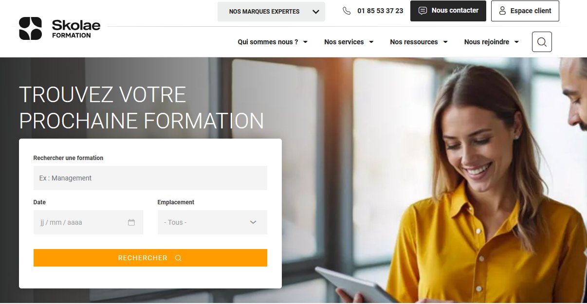 Page d'accueil du site Skolae Formation, avec son moteur de recherche de formations